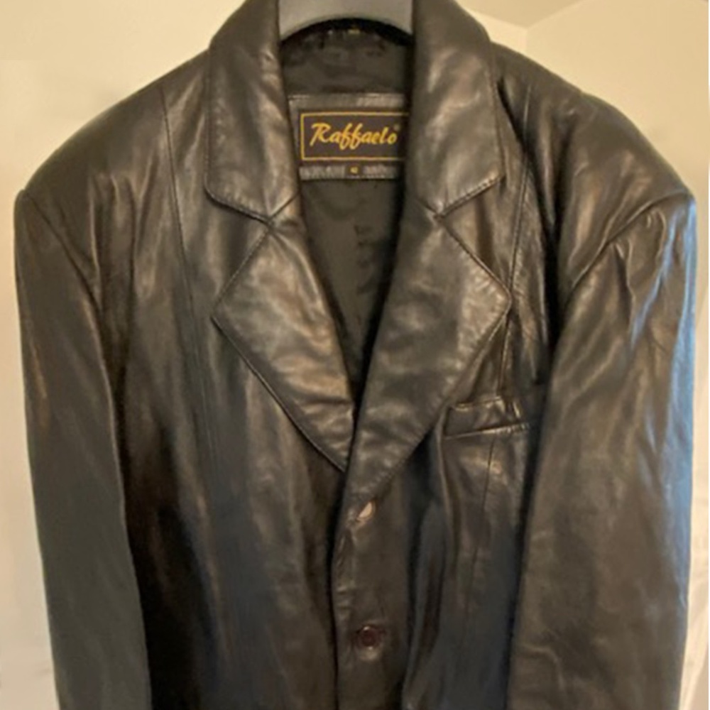 100% Genuine Leather Suit in Black - Coat (42R) & Pants (30x32) + Leather Tie